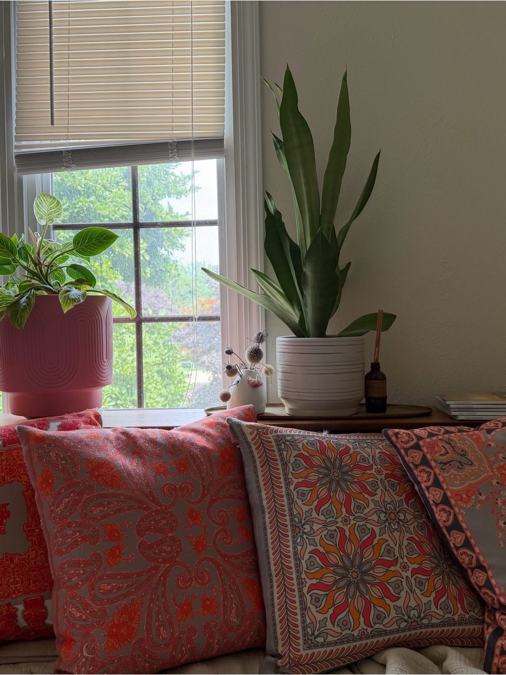 Set of four Decorative Throw Pillow covers - Coral- Grey- Orange-Pink Boho print